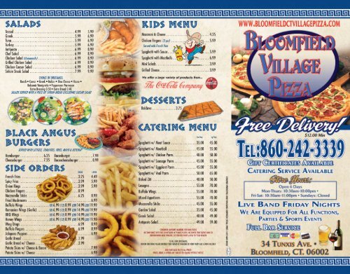 Bloomfield Village Pizza menu with pizza pasta salads wings and catering options